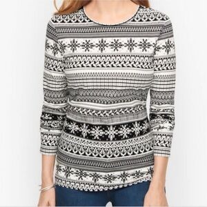 NWT Talbots Nordic Winter Fair Isle Long Sleeves White Black Large Petite Casual
